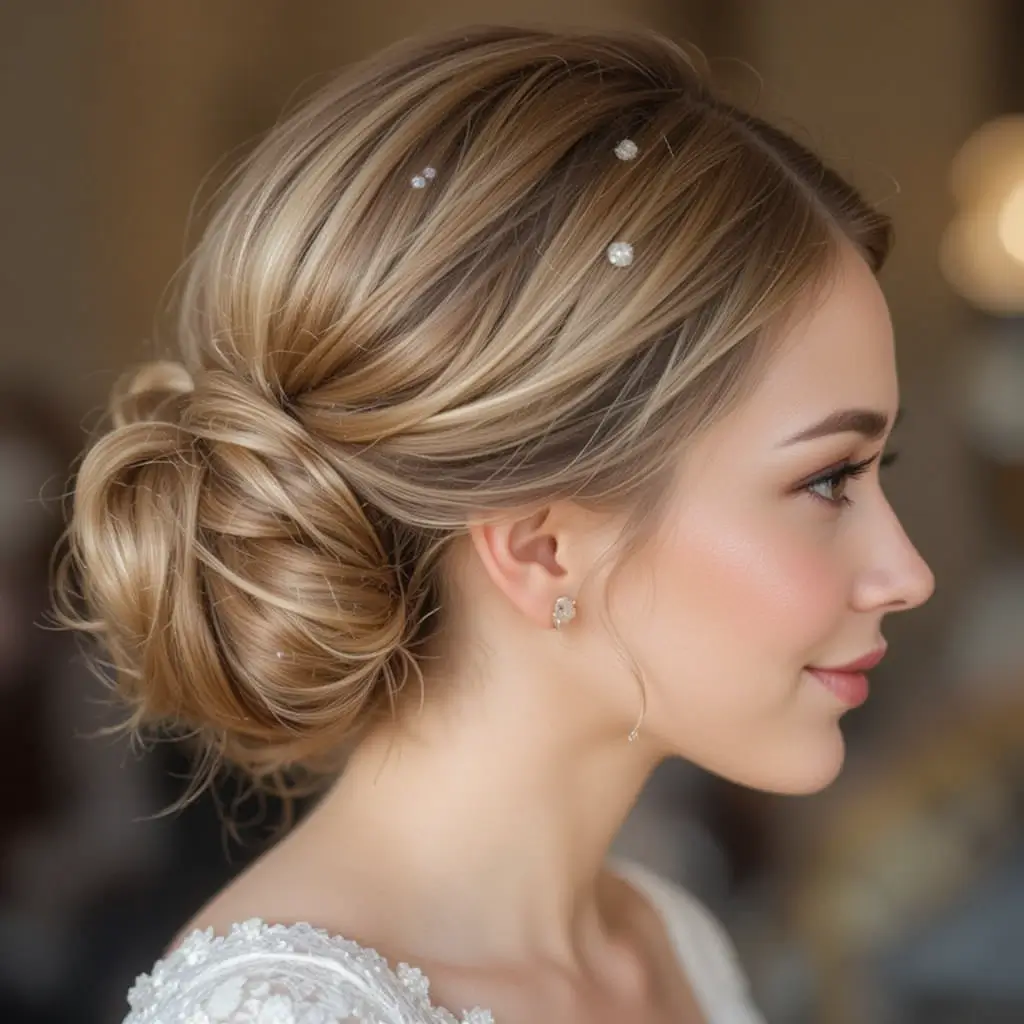 Low Twisted Bun with Pearl Accents