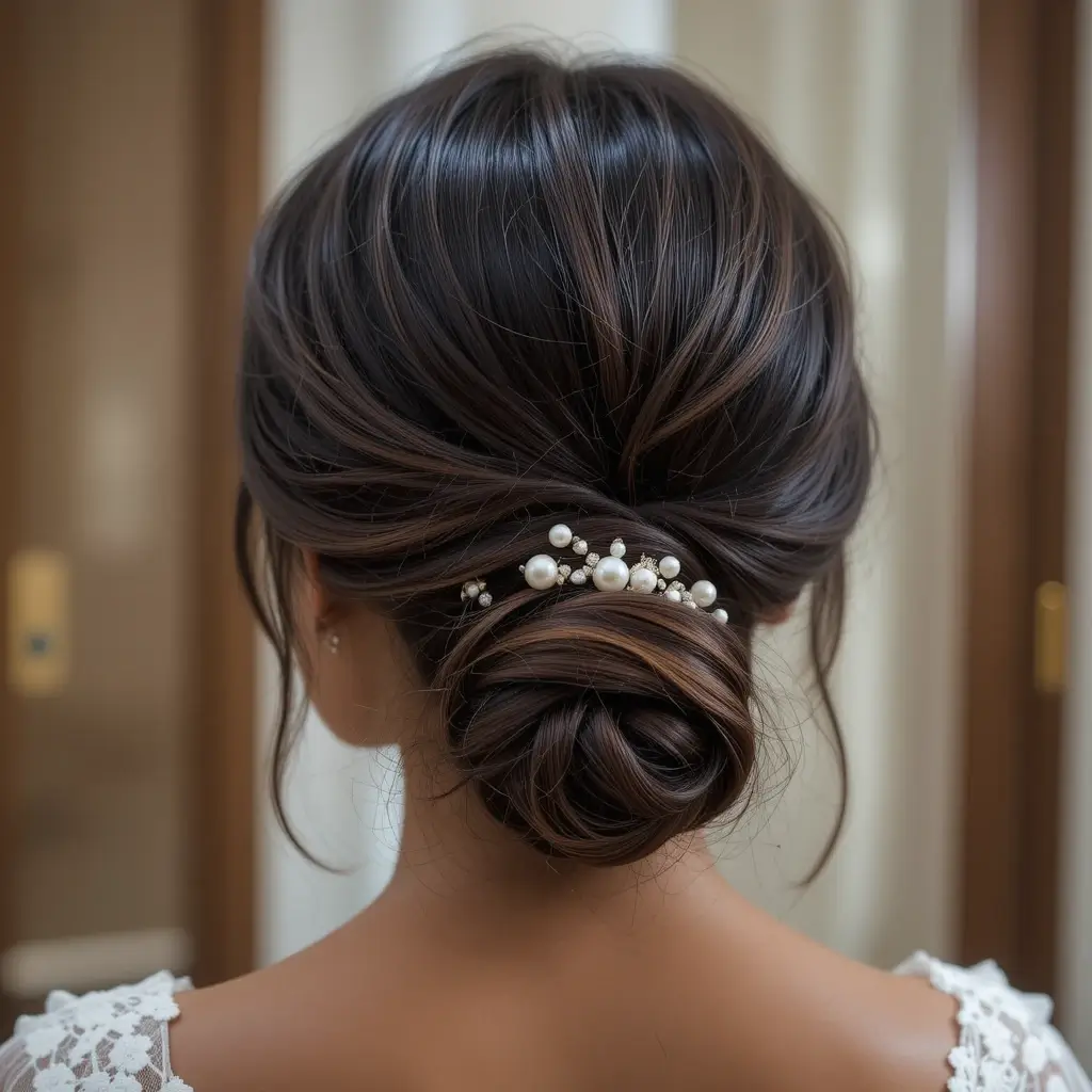 Low Twisted Ponytail with Pearl Accents