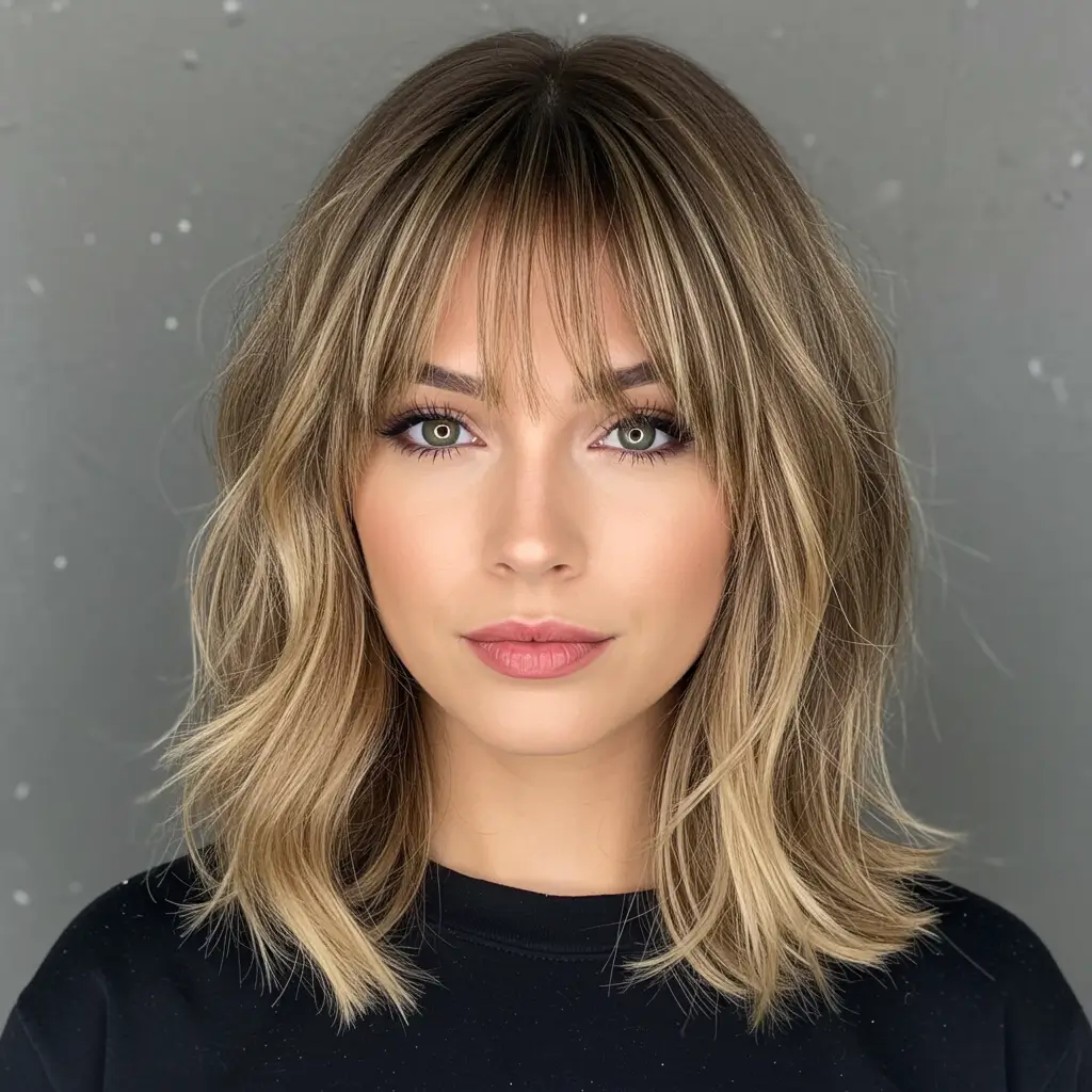 Medium Hair with Side Bangs and Highlights