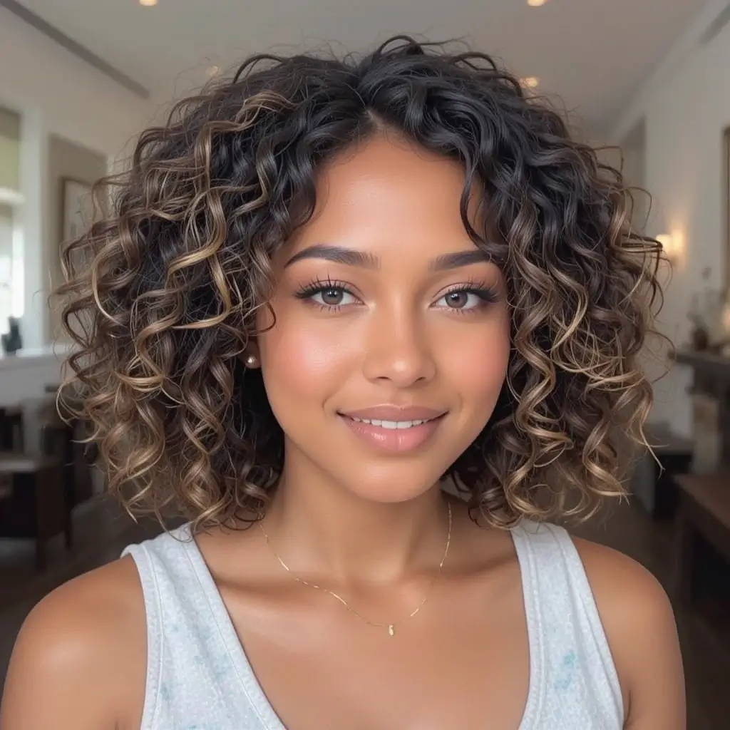 Medium Length Curly Bob with Highlights