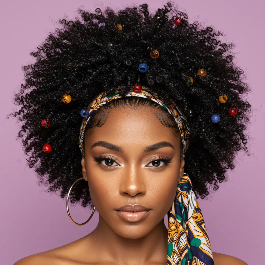 Medium Length Natural Hair with Afro Puff and Accessories