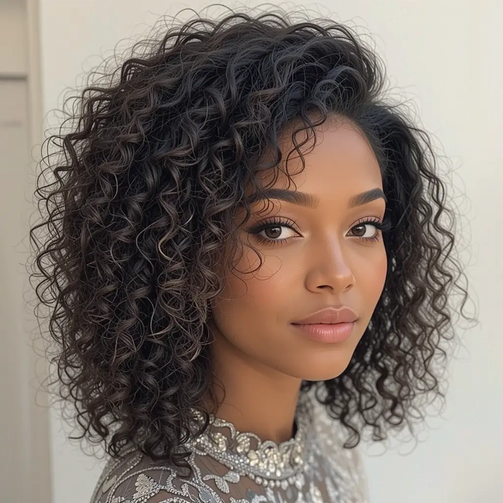 Medium Length Natural Hair with Defined Curls and Side Par