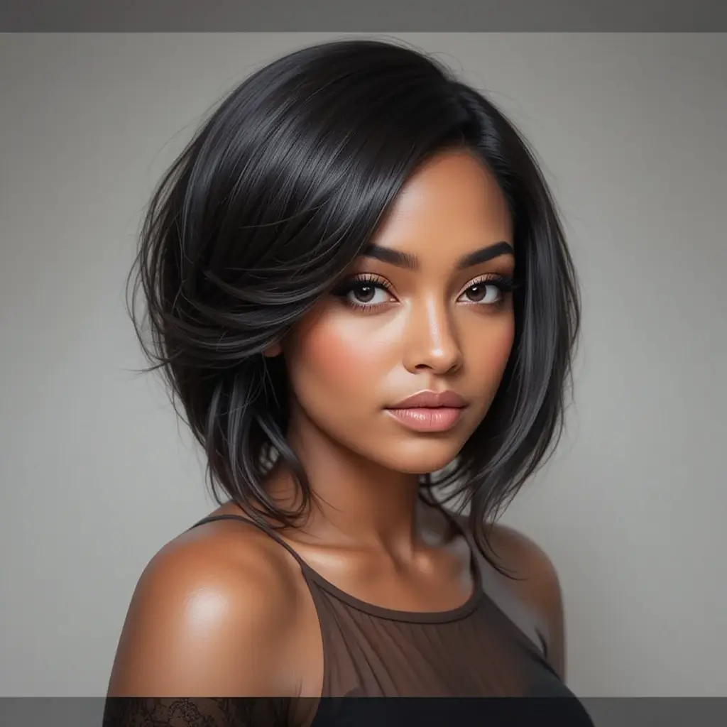 Medium Length Natural Hair with Side Swept Bangs