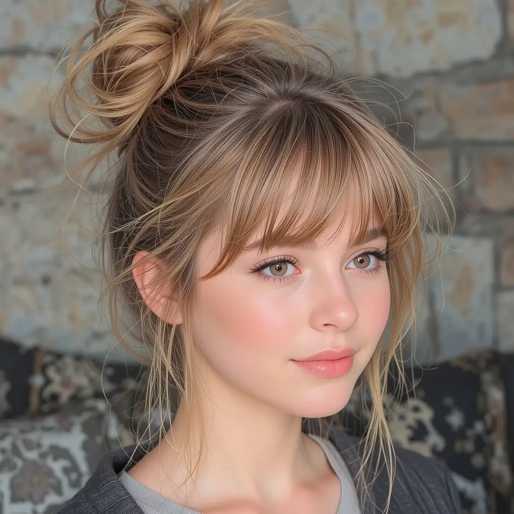 Messy Bun with Curtain Bangs