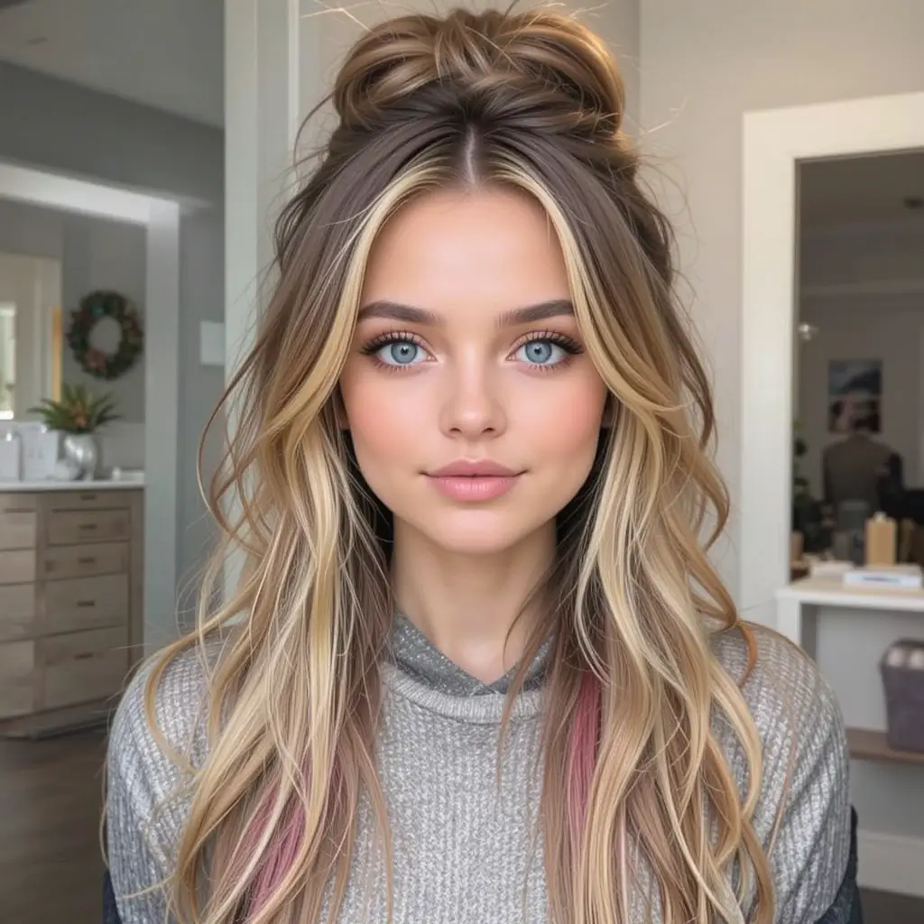  Messy Bun with Face-Framing Highlights