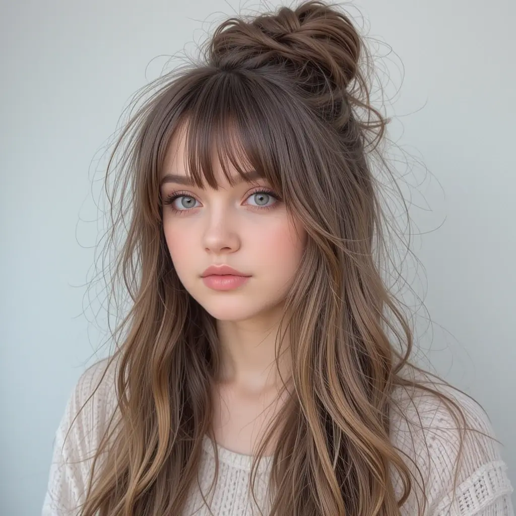 Messy Bun with Side-Swept Bangs