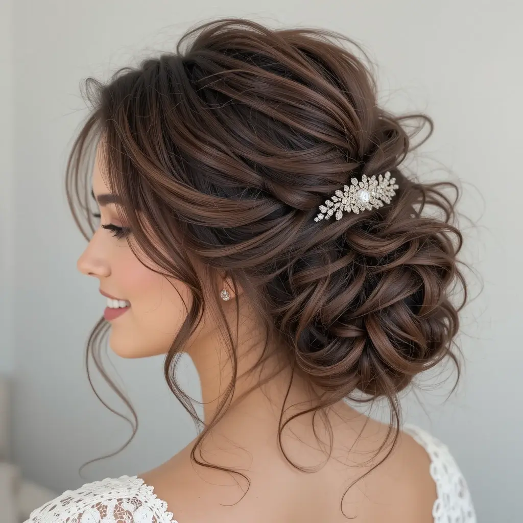 Messy Curly Bun with Face-Framing Pieces