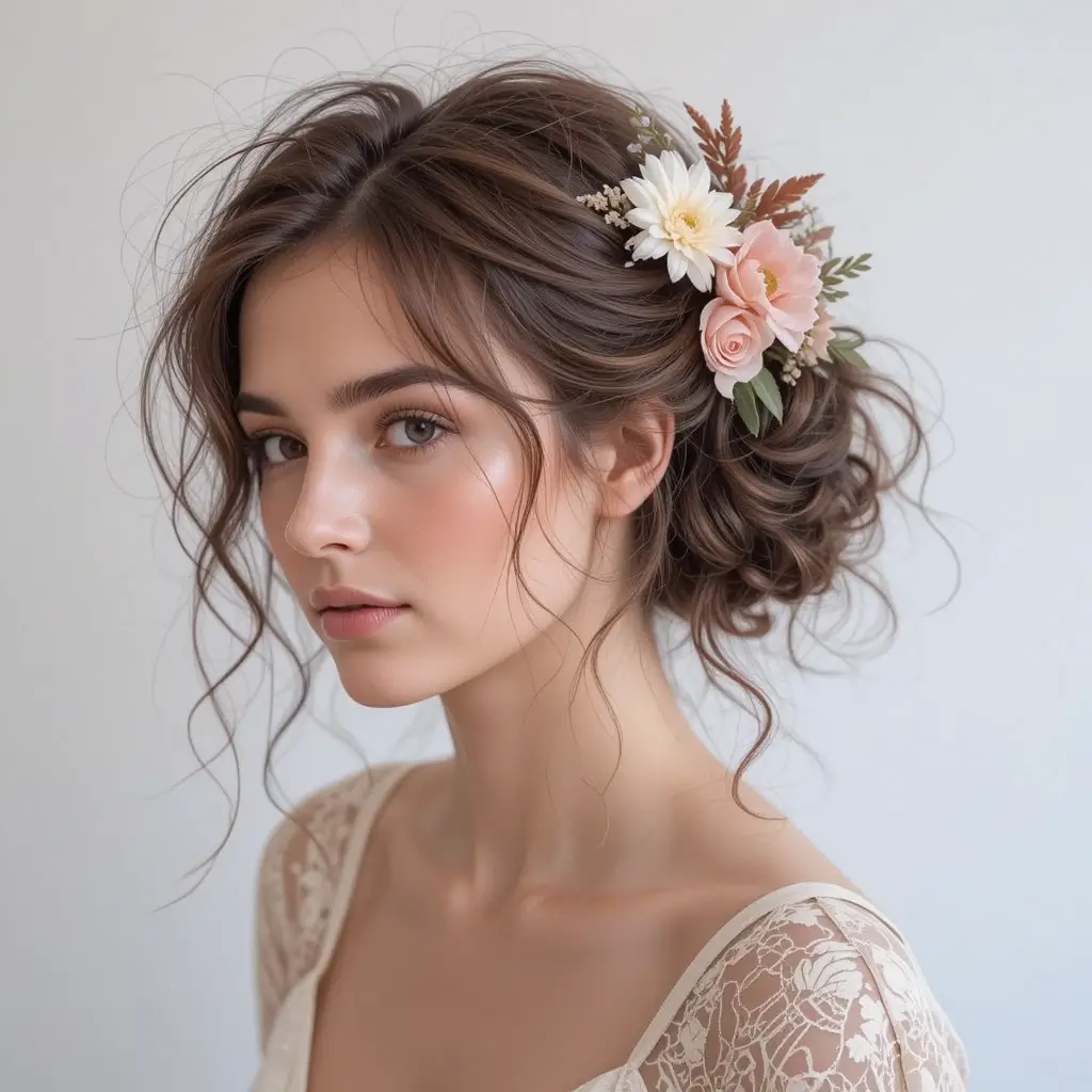 Messy Curly Bun with Floral Accents