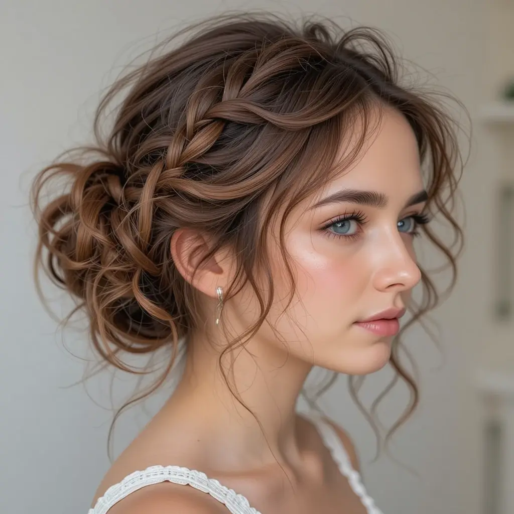Messy Curly Bun with a Side Braid