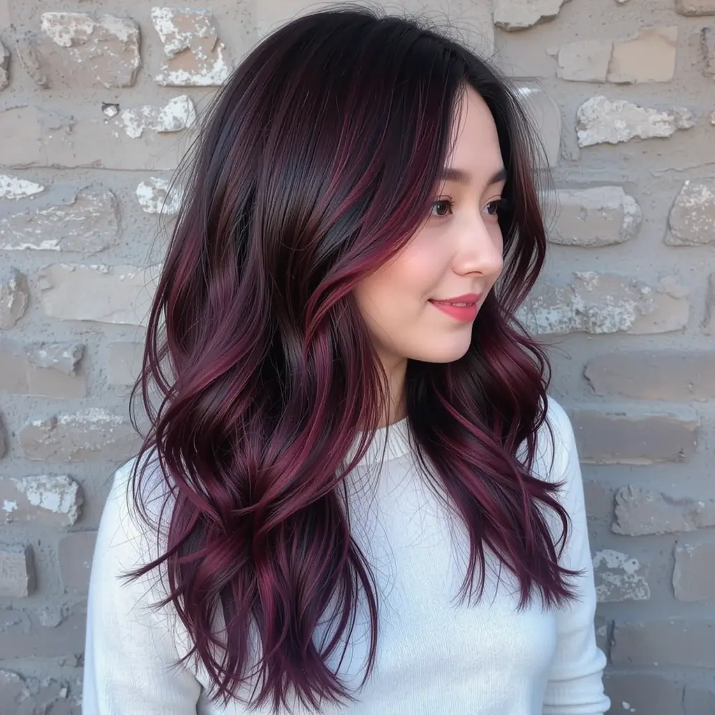 Mulberry Red Highlights on Dark Brown Hair