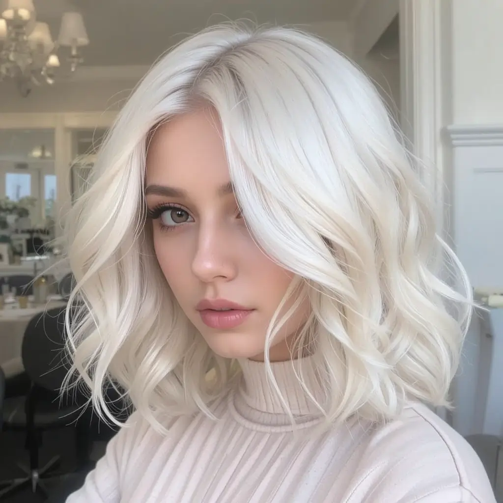 Platinum Blonde Lob with Soft Curls