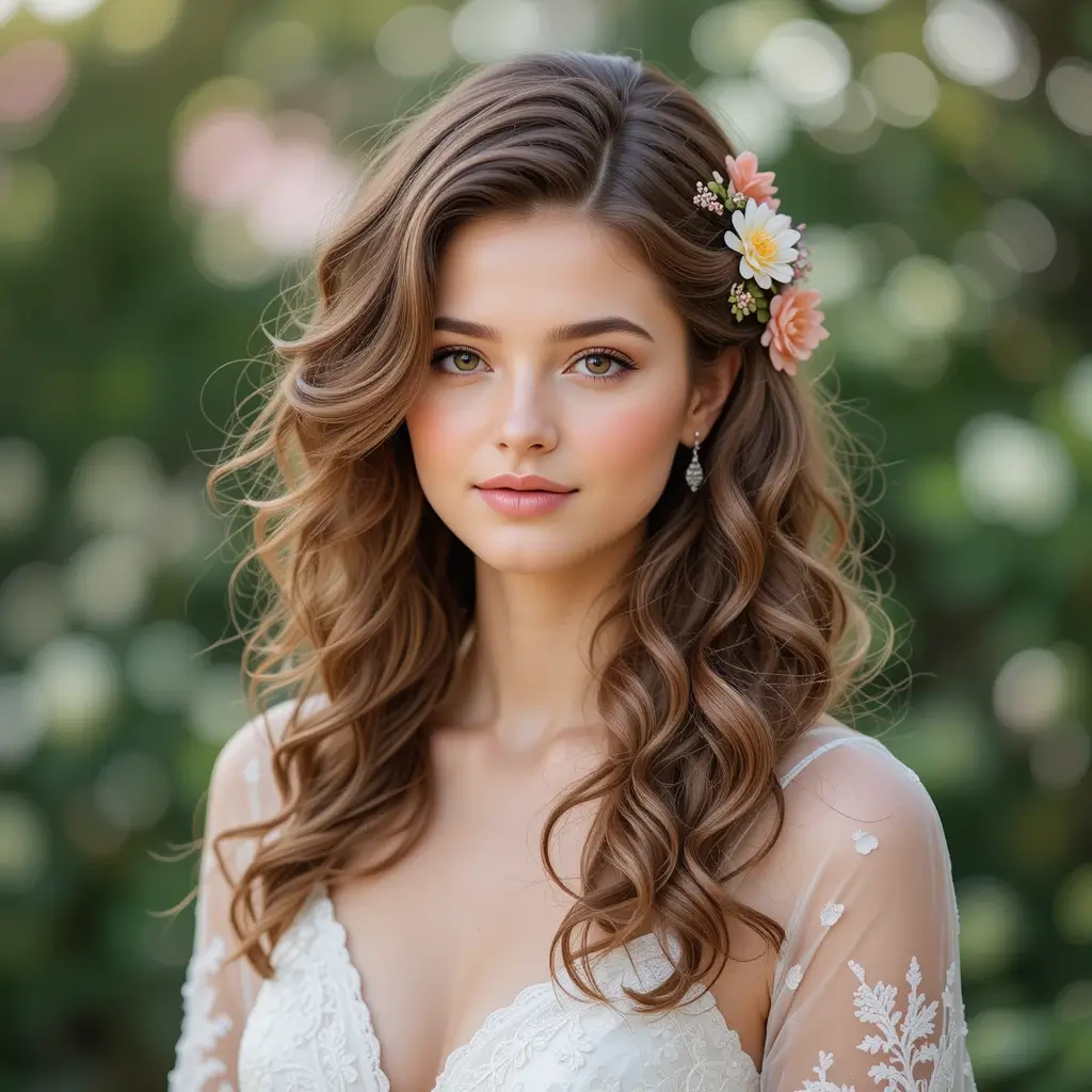 Romantic Side-Swept Curls with Floral Clips