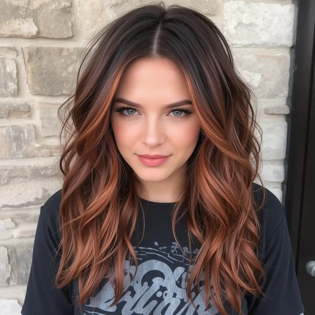 Rusty Copper Streaks on Dark Brown Hair