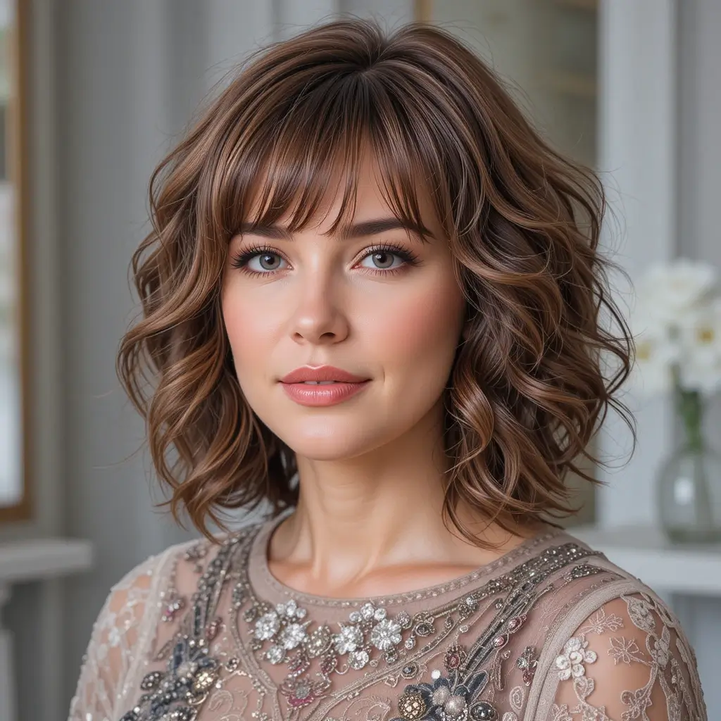 Shoulder-Length Curls with Bangs