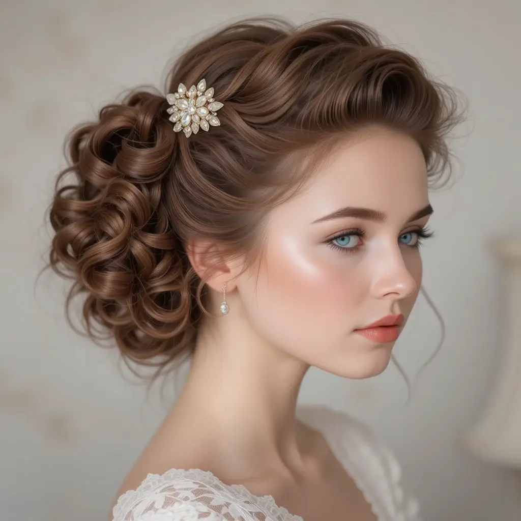 Side Curly Updo with Vintage Waves
