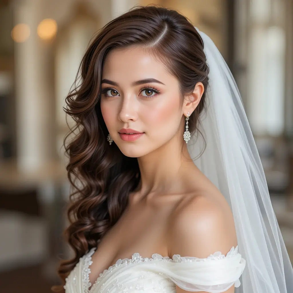 Side Part with Hollywood Curls and Veil