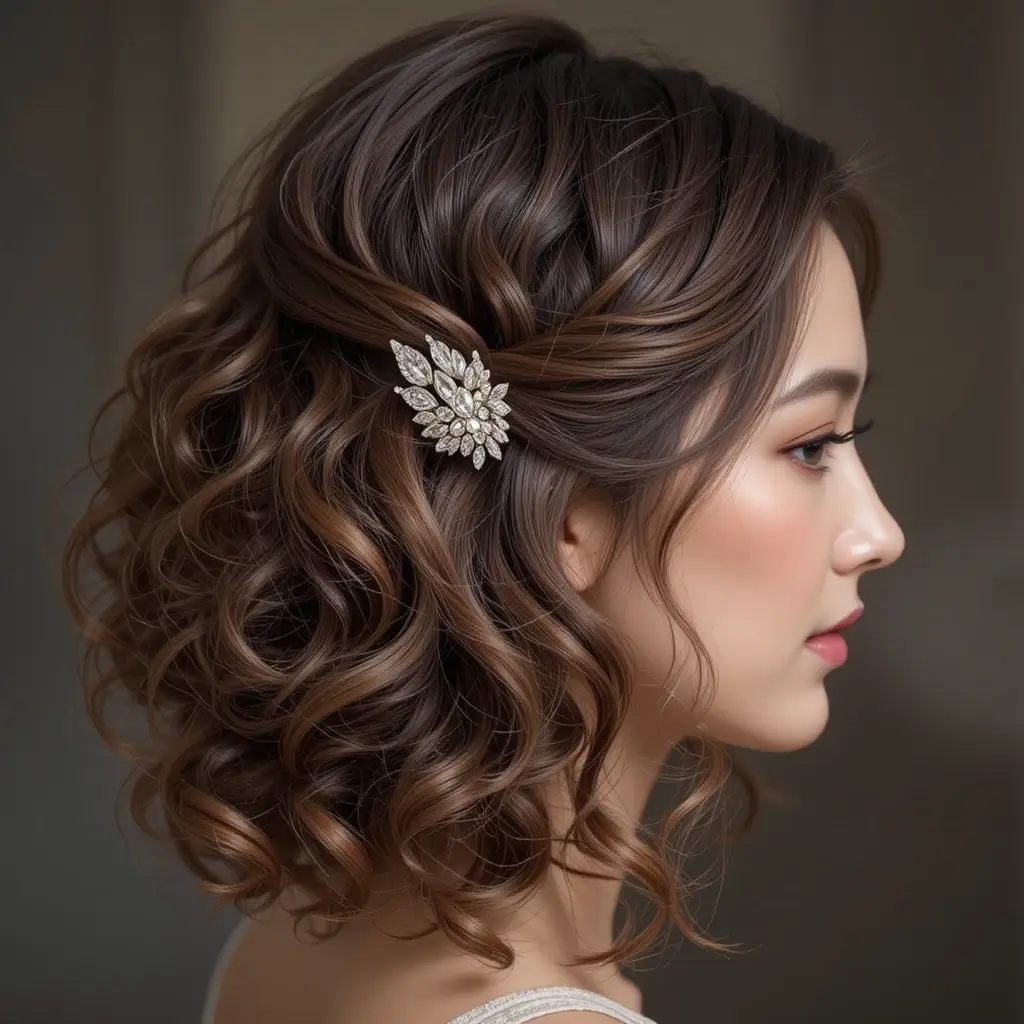 Side-Twisted Curls with Jeweled Clip