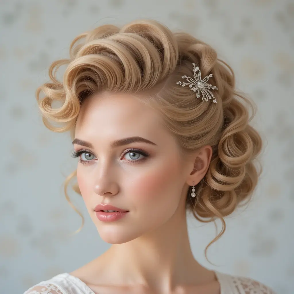 Soft Curly Bouffant with Side Part