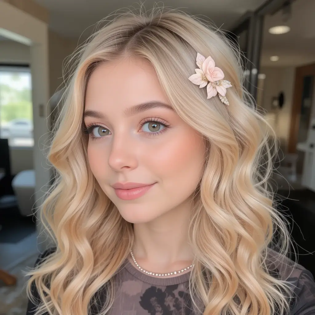 Soft Peach Money Piece on Blonde Hair