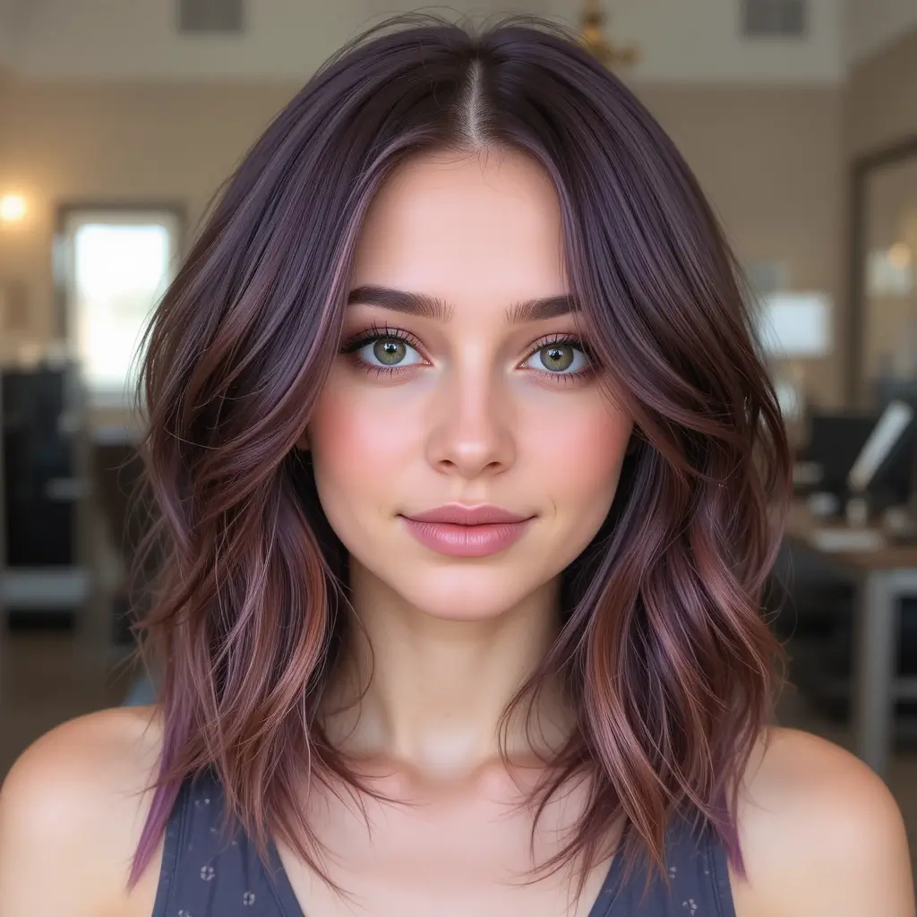Soft Plum Money Piece on Dark Auburn Hair