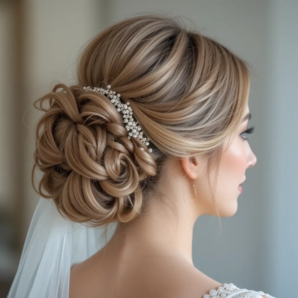 Soft Rolled Updo with Veil