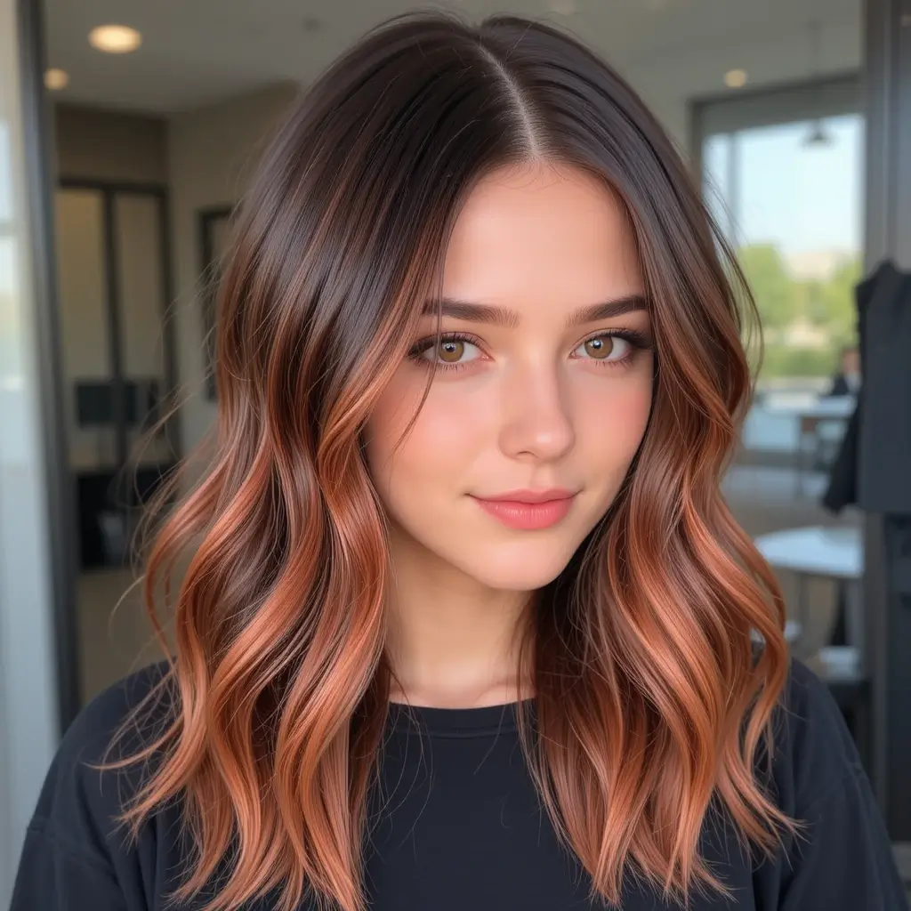 Strawberry Copper Highlights on Brunette Hair