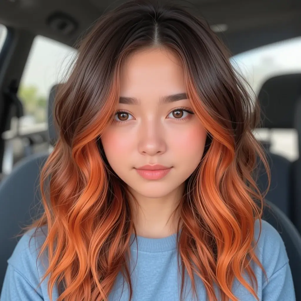 Tangerine Streaks on Chocolate Brown Hair