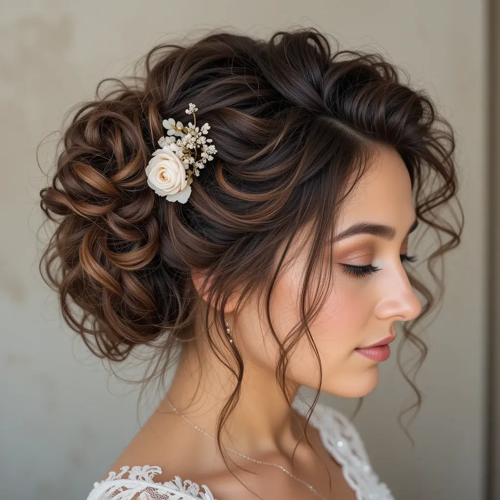 Textured Curly Updo with a Floral Clip