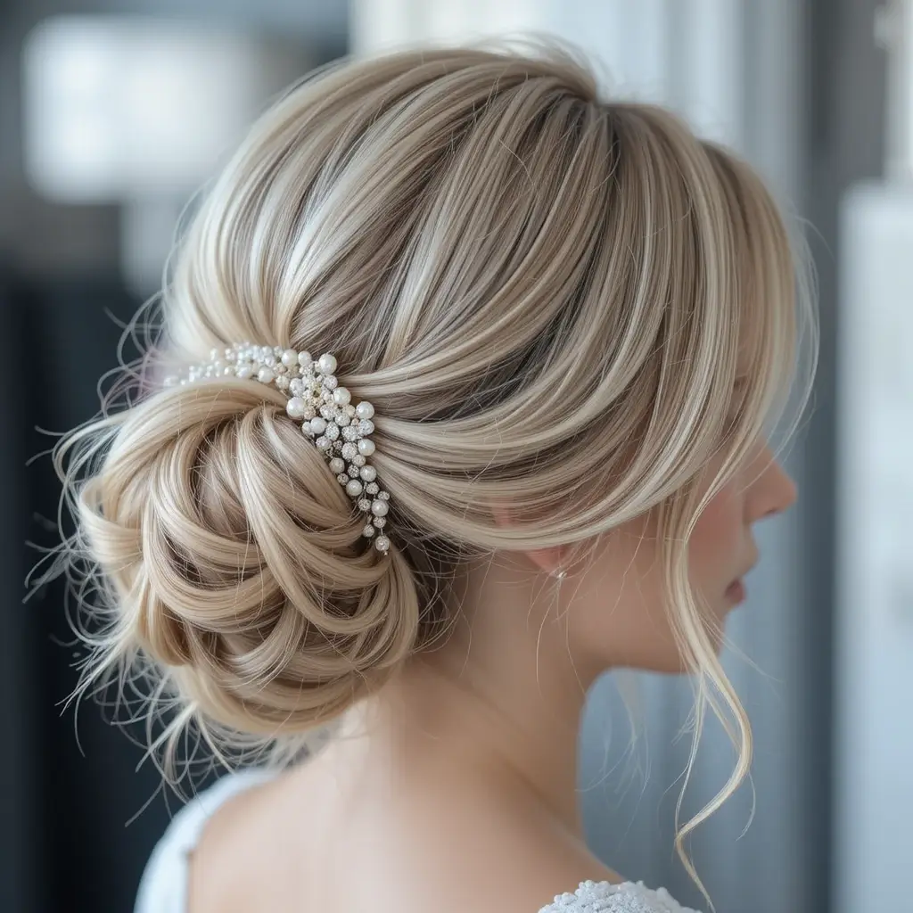 Textured Low Bun with Side-Swept Bangs