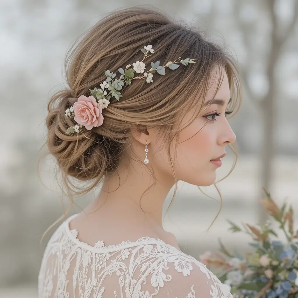 Tousled Updo with Floral Hairpiece