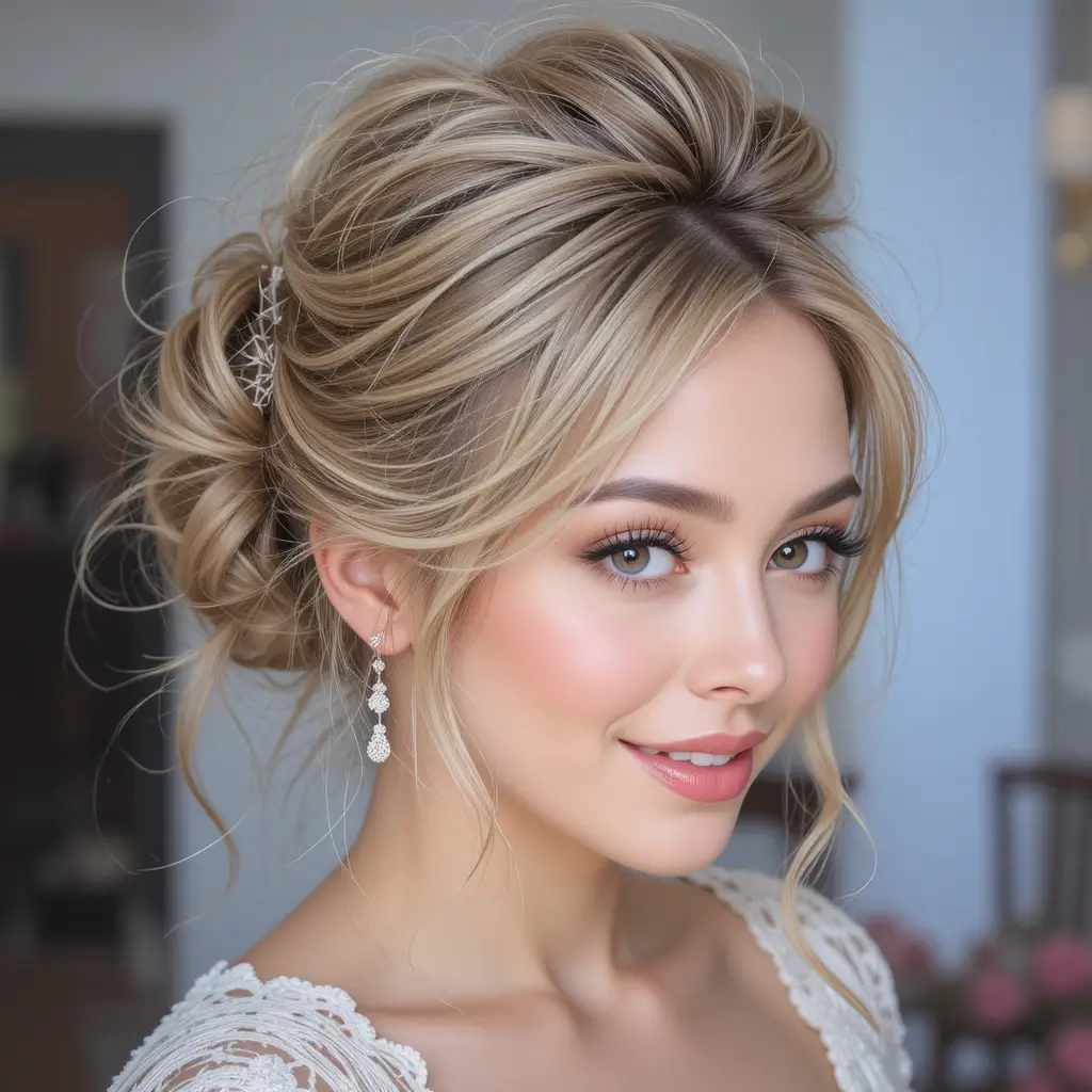 Tousled Updo with Wispy Bangs