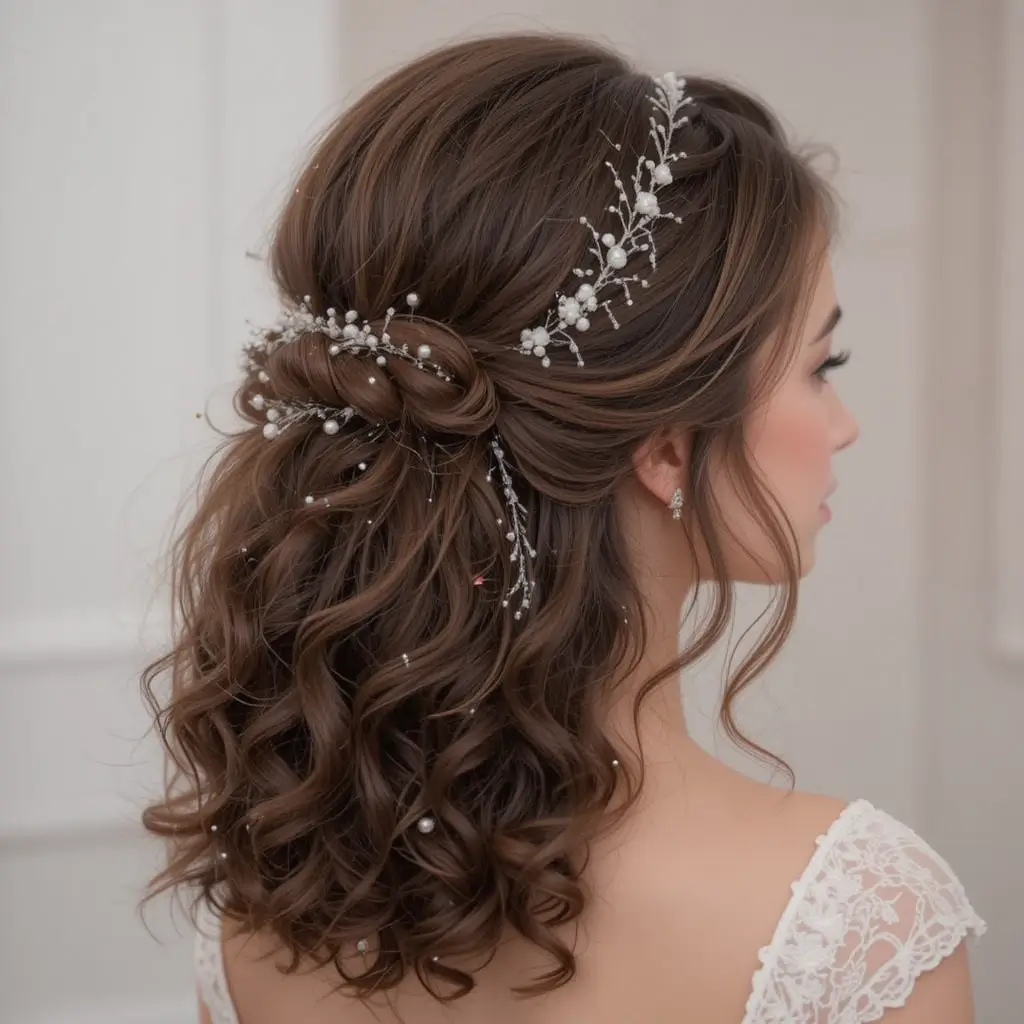 Twisted Curly Half-Updo with Pearls