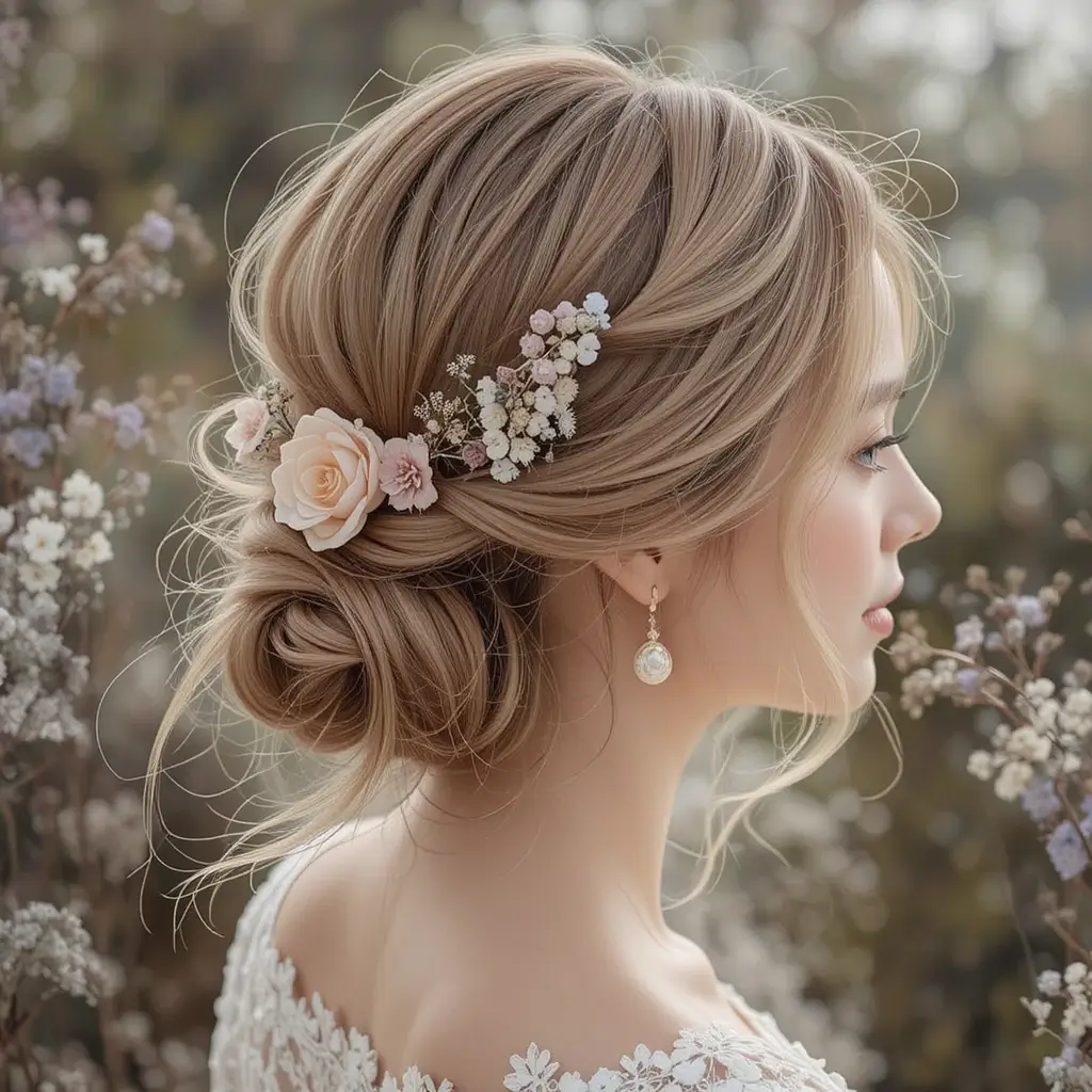 Twisted Low Ponytail with Floral Accents