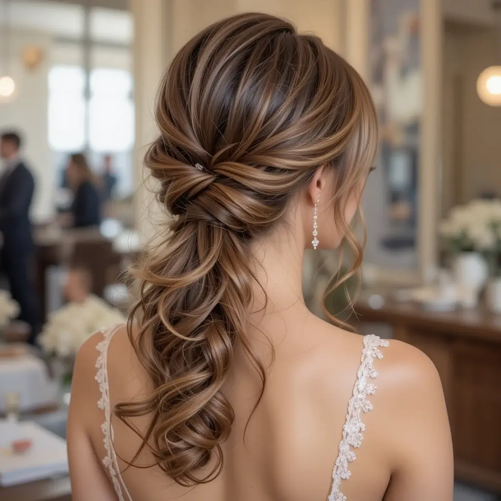 Twisted Low Ponytail with Soft Curls