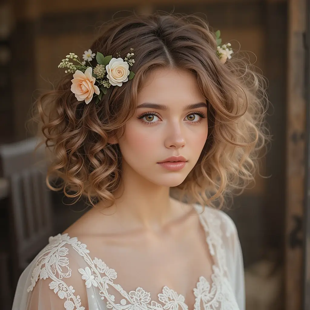 Vintage Side-Swept Curls with Floral Accents
