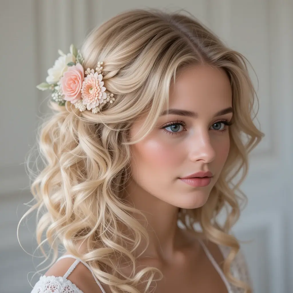 Voluminous Curls with Flower Pins