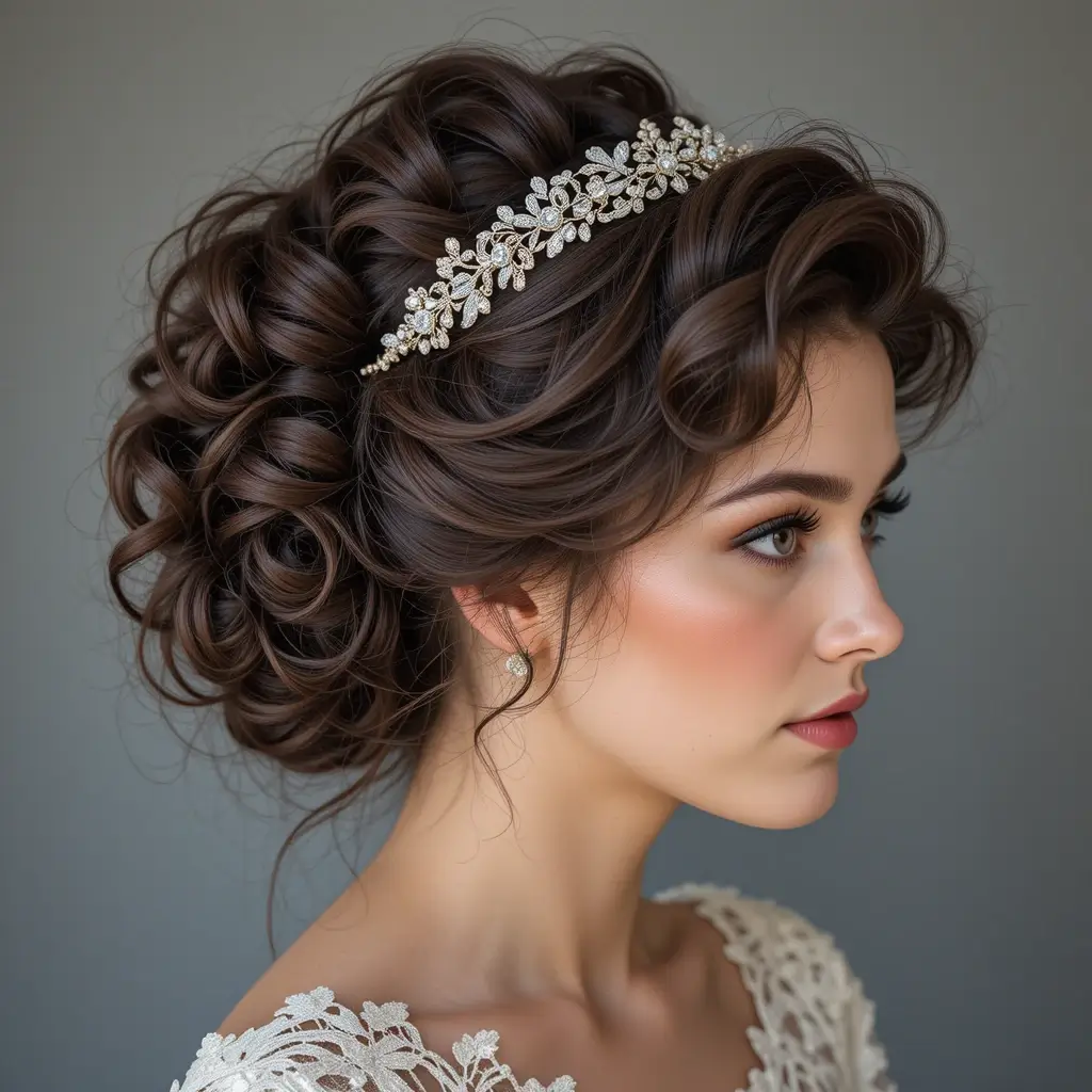 Voluminous Curly Updo with Vintage Headpiece