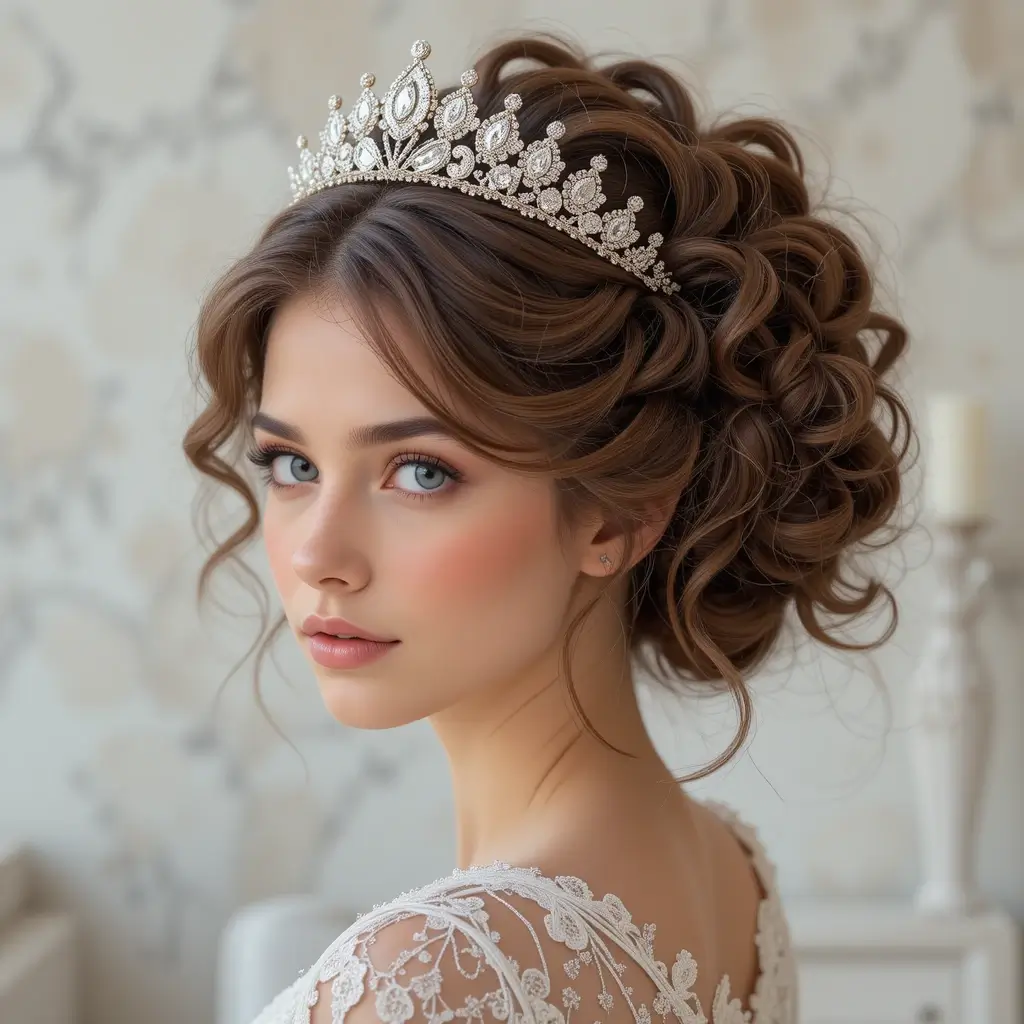 Voluminous Curly Updo with a Tiara