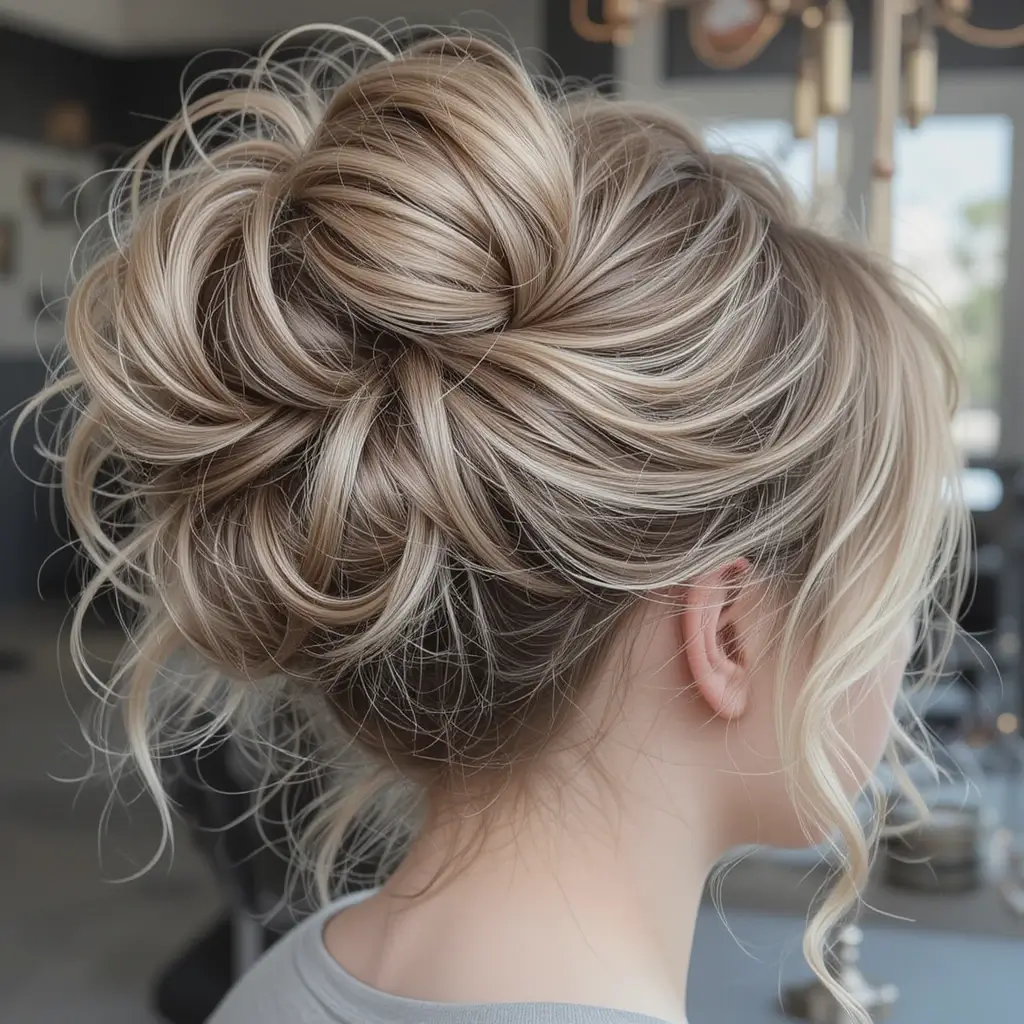 Voluminous Messy Bun with Loose Waves