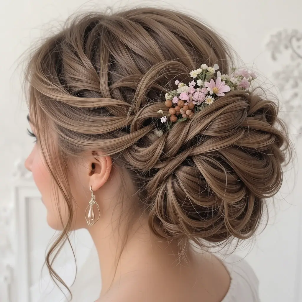 Waterfall Braid Updo with Floral Accessories