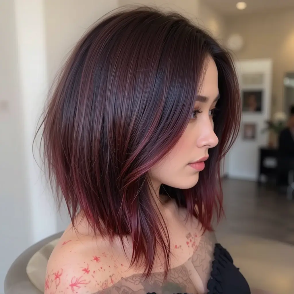 Wine Red Balayage on Dark Brunette
