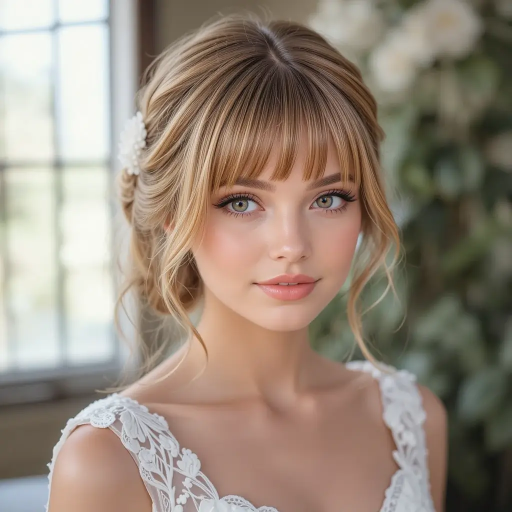 wedding hairstyles for curtain bangs