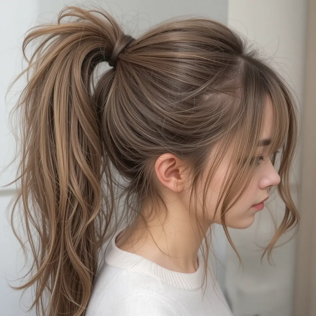 Ashy Light Brown High Ponytail with Face-Framing Strands