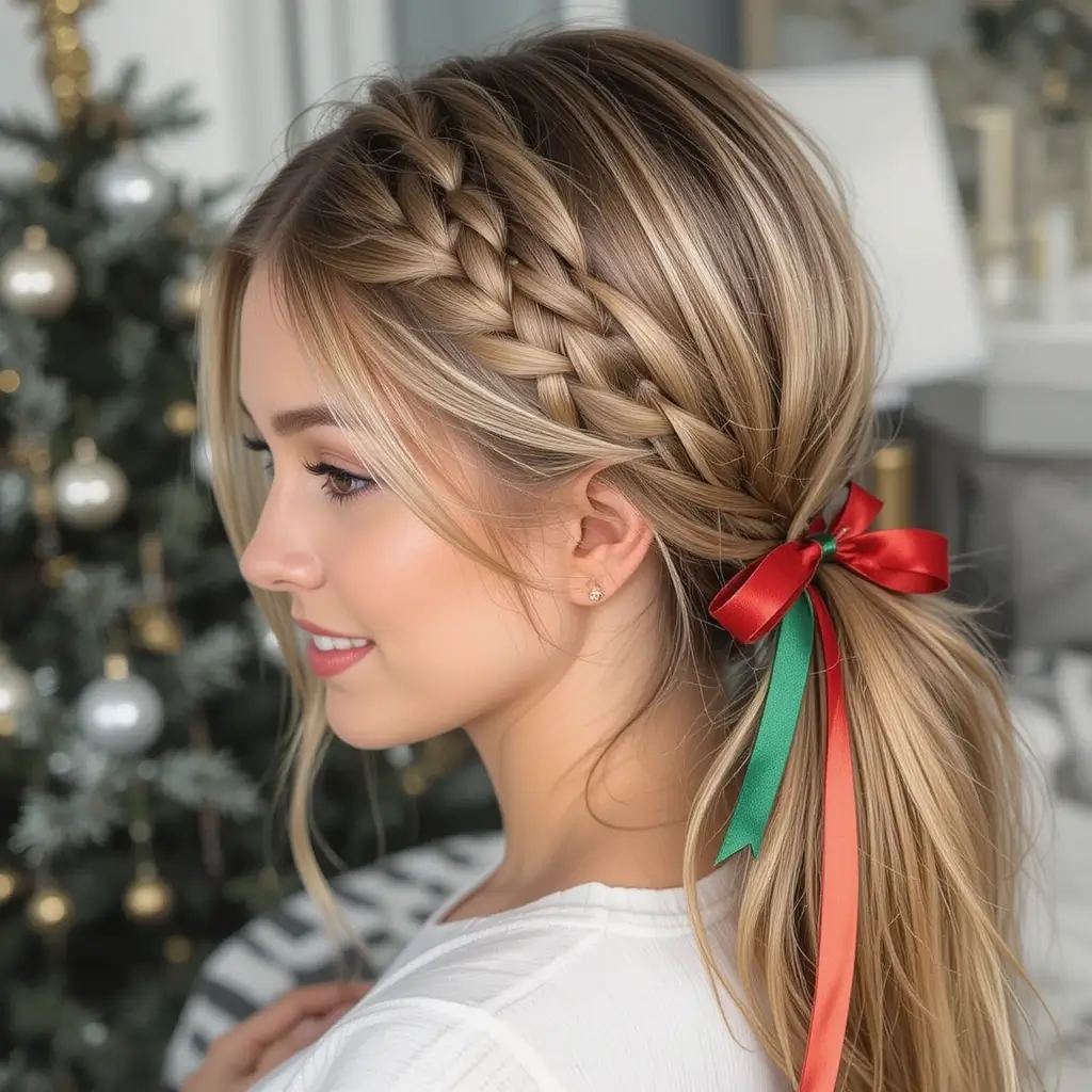 Braided Low Pony with Ribbon Weave