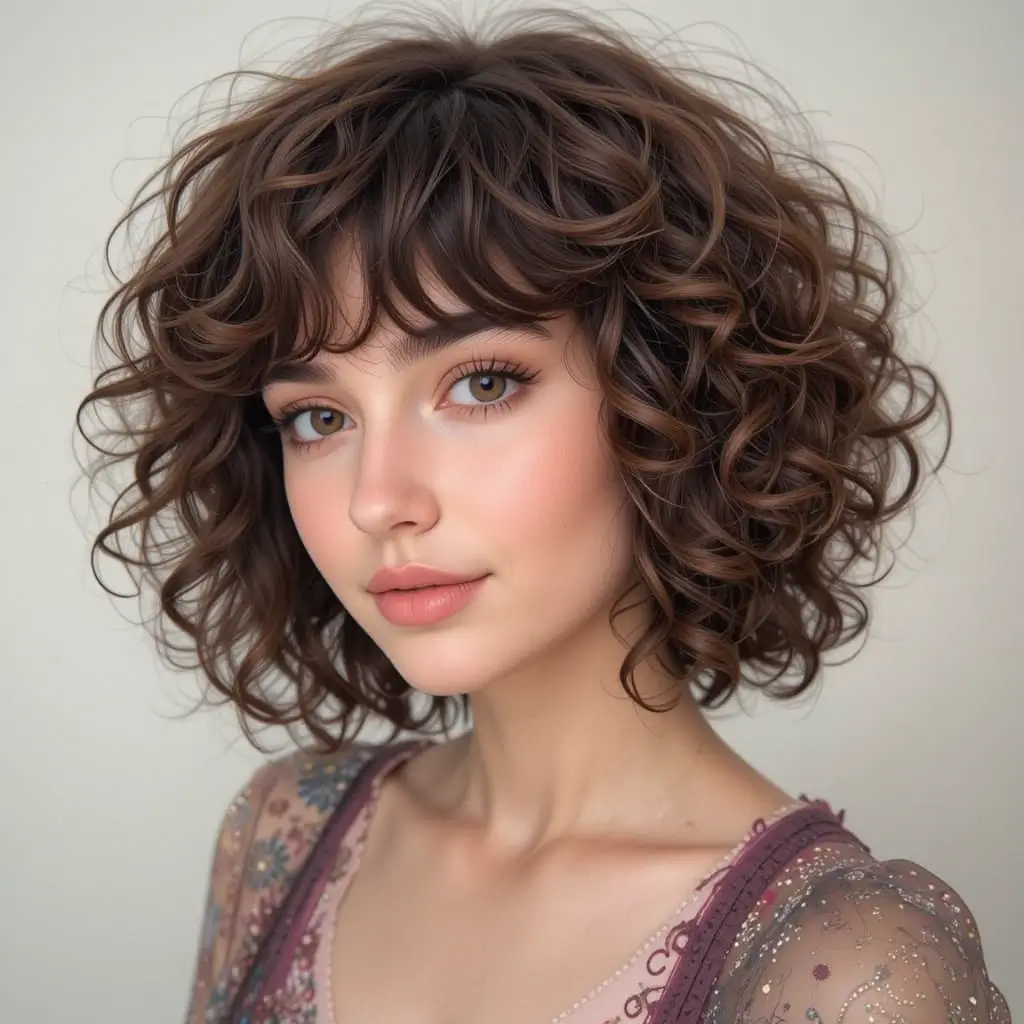 Curly Bob with Layered Bangs