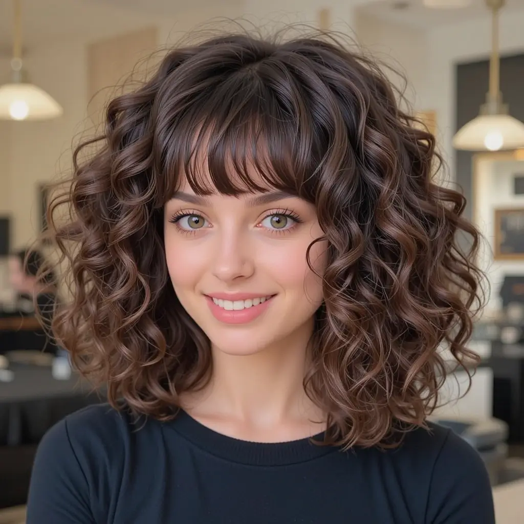 Curly Lob with Curtain Bangs
