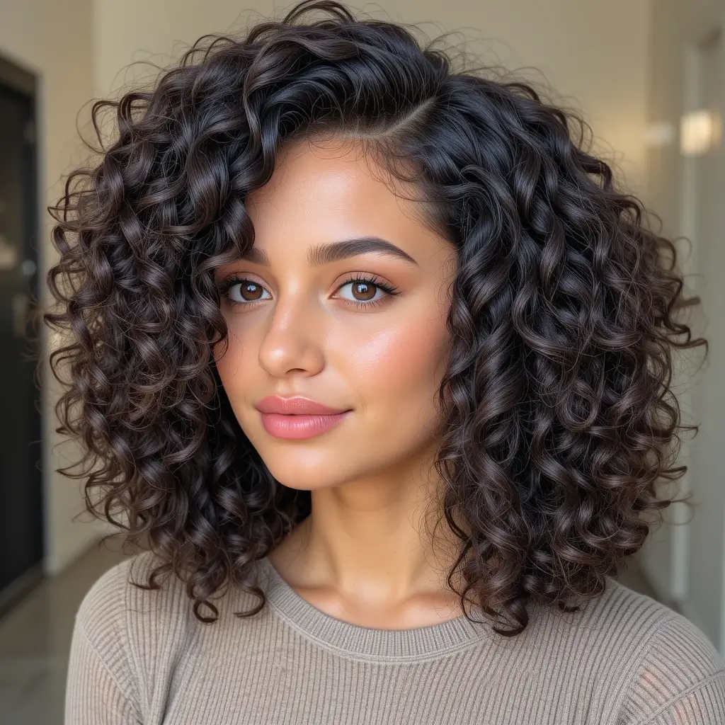 Curly Lob with Side Part