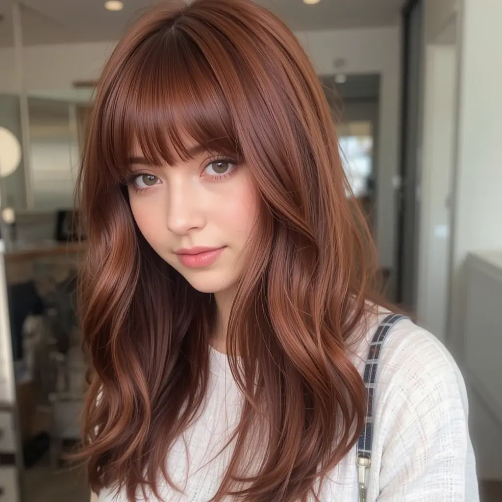 Deep Auburn Hair with Curtain Bangs