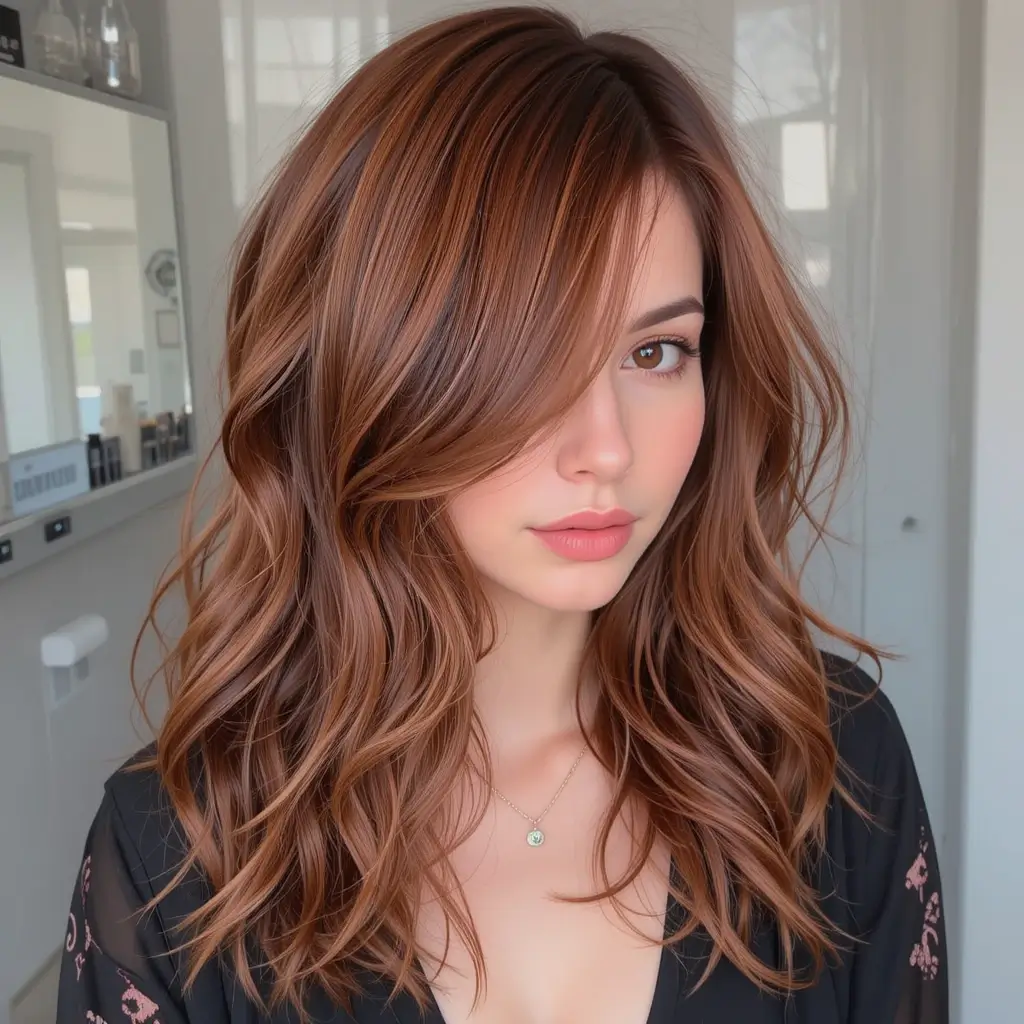 Deep Auburn Long Layers with Side Part