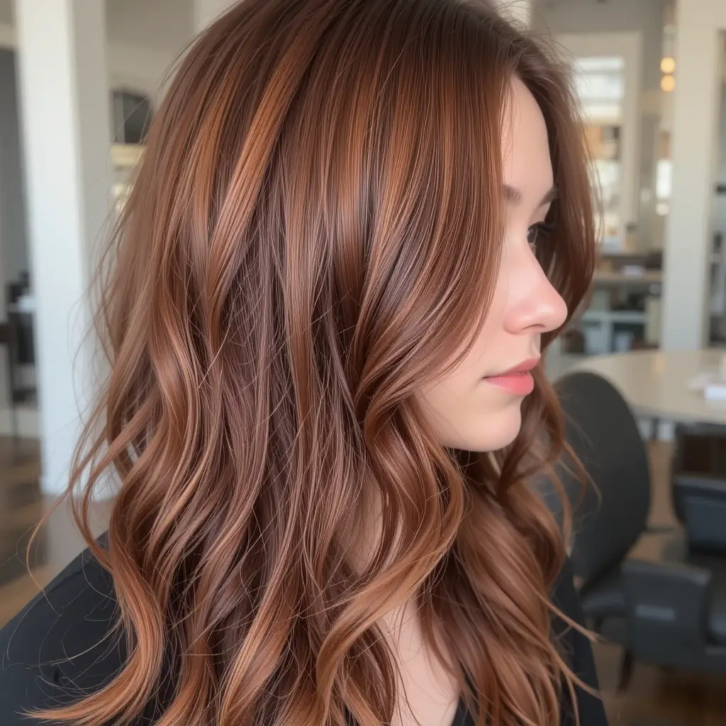 Deep Auburn Long Layers with Side Part